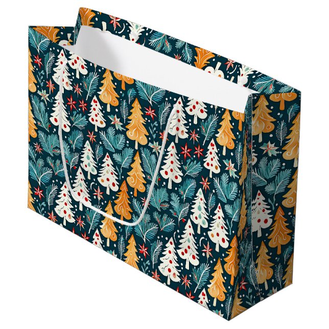 Cute Merry Christmas Trees Festive Large Gift Bag (Front Angled)