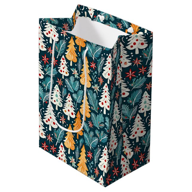Cute Merry Christmas Trees Festive Medium Gift Bag (Front Angled)