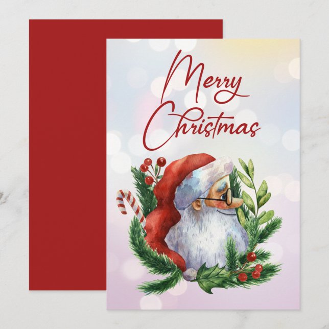 Cute Merry Christmas Watercolor Santa Holiday Card (Front/Back)