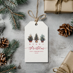 Cute Merry Christmas Watercolor Tree Red Script  Gift Tags