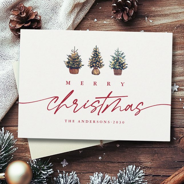 Cute Merry Christmas Watercolor Tree Red Script  Holiday Card (Creator Uploaded)