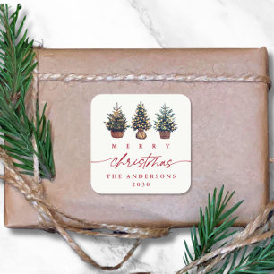 Cute Merry Christmas Watercolor Tree Red Script  Square Sticker