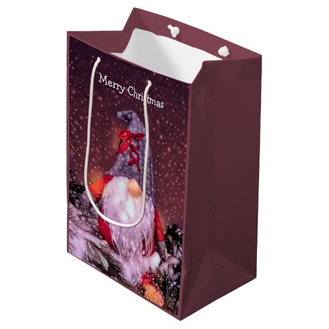 Cute Merry Christmas Whimsical Gnome Holiday Tree Medium Gift Bag (Front Angled)