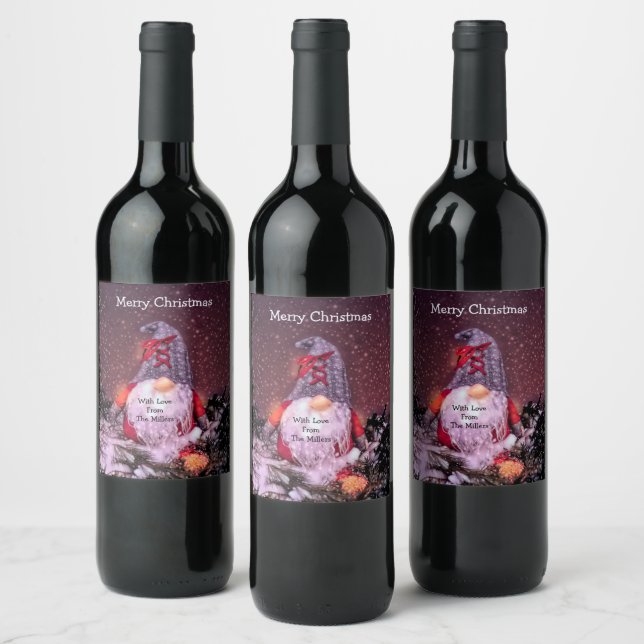 Cute Merry Christmas Whimsical Gnome Holiday Tree Wine Label (Bottles)