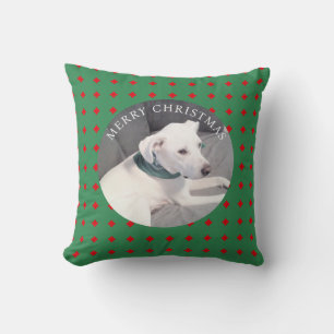 Cute Merry Christmas White Dog Round Photo Green Throw Pillow
