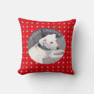 Cute Merry Christmas White Dog Round Photo Red Throw Pillow