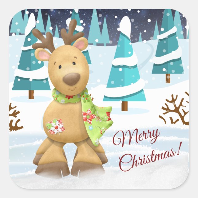 Cute Merry Christmas Winter Cartoon Reindeer Square Sticker (Front)