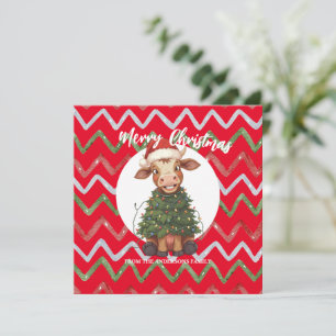 Cute merry Cow Christmas tree calf ox Xmas pattern Holiday Card