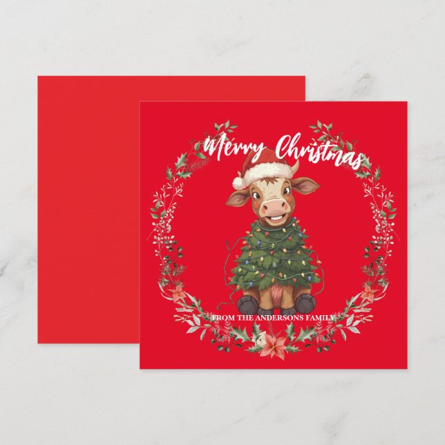 Cute merry Cow Christmas tree calf ox Xmas pattern Holiday Card (Front/Back)