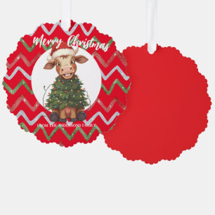 Cute merry Cow Christmas tree calf ox Xmas pattern Ornament Card
