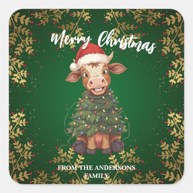 Cute merry Cow Christmas tree calf ox Xmas pattern Square Sticker (Front)