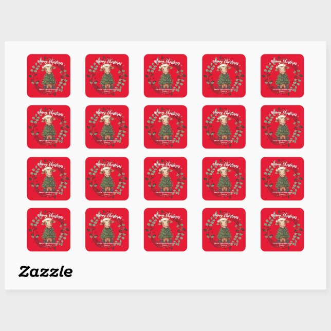 Cute merry Cow Christmas tree calf ox Xmas pattern Square Sticker (Sheet)