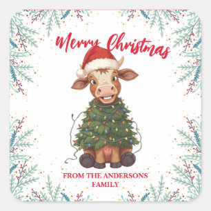 Cute merry Cow Christmas tree calf ox Xmas pattern Square Sticker
