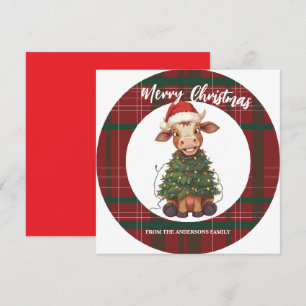 Cute merry Cow Christmas tree calf ox Xmas plaid Holiday Card