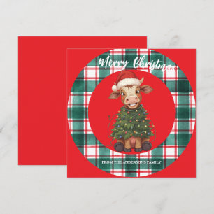 Cute merry Cow Christmas tree calf ox Xmas plaid Holiday Card