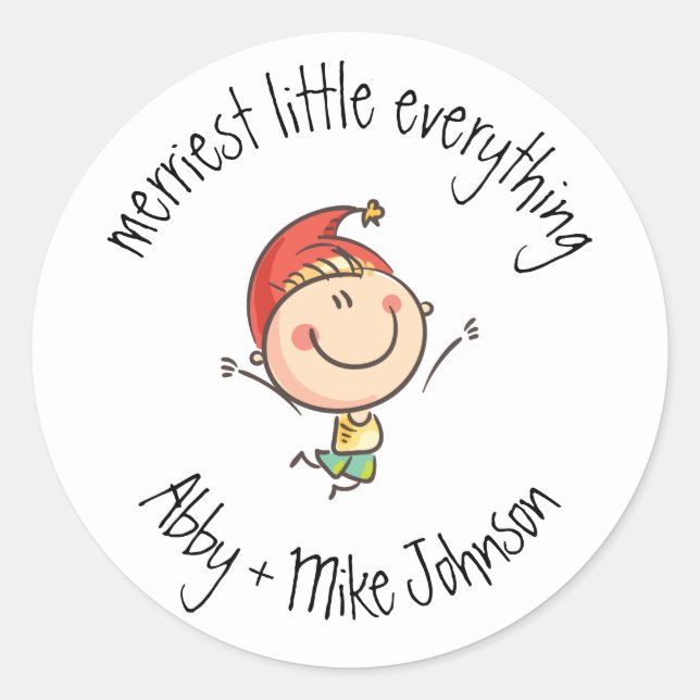 Cute Merry Everything Elf Santa Hat Illustration Classic Round Sticker (Front)