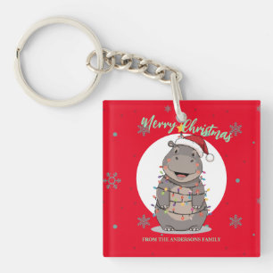 Cute merry Hippo christmas tree zoo safari Xmas Keychain