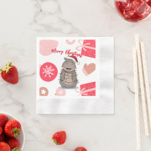 Cute merry Hippo christmas tree zoo safari Xmas  Napkin