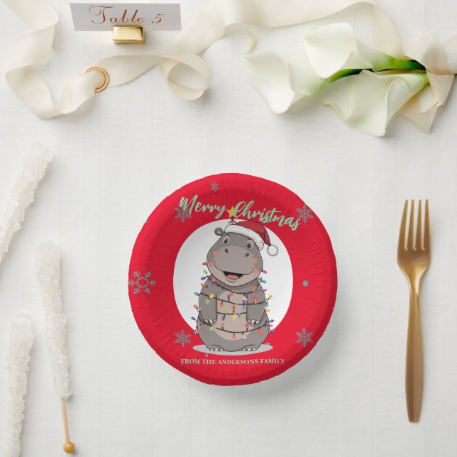 Cute merry Hippo christmas tree zoo safari Xmas  Paper Plate (Wedding)