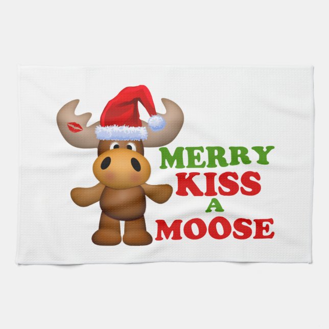 Cute Merry Kiss A Moose Christmas Kitchen Towel (Horizontal)