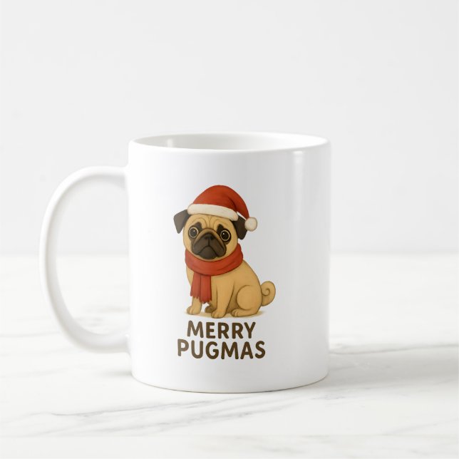 Cute Merry Pugmas Festive Holiday Pug Coffee Mug (Left)