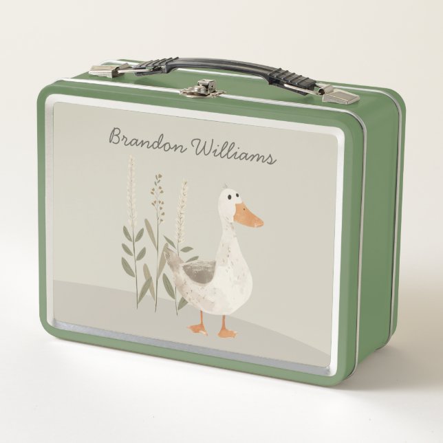 Cute Metal Lunch Box With Watercolor Goose & Name (Front)