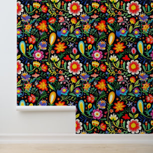 Cute Mexican flowers tiled pattern Wallpaper