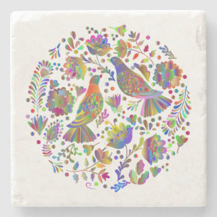 Cute Mexican Folk Art, Birds and Flowers Stone Coaster