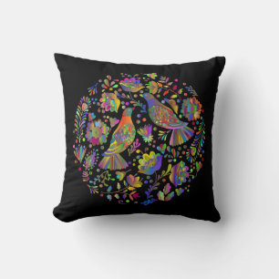 Cute Mexican Folk Art, Birds and Flowers Throw Pillow