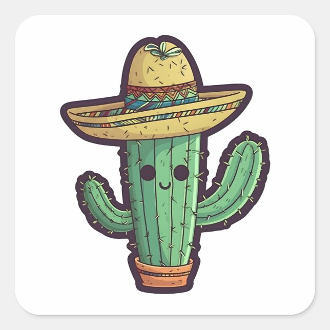 Cute Mexican Sombrero Cactus Plant Square Sticker (Front)