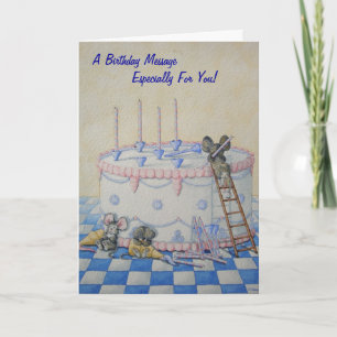 Cute mice birthday cake original illustration card