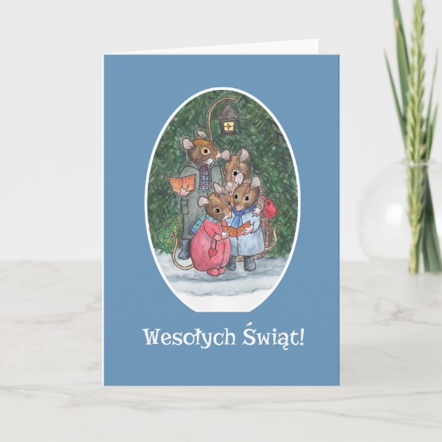 Cute Mice Carol Singers Polish Greeting Holiday Card (Front)