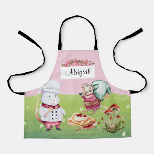 Cute mice chef pink green watercolor floral kids apron
