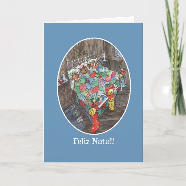 Cute Mice Christmas Stockings Portuguese Greeting Holiday Card (Front)