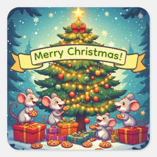 Cute Mice Cookies Christmas Tree Festive Cheerful Square Sticker
