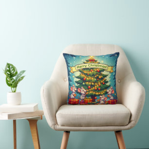 Cute Mice Cookies Christmas Tree Festive Cheerful Throw Pillow