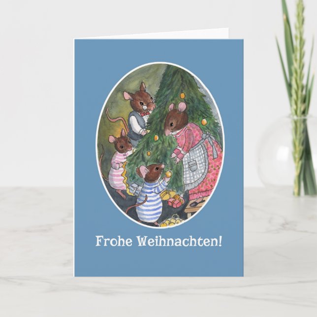 Cute Mice Decorating Christmas Tree German Holiday Card (Front)