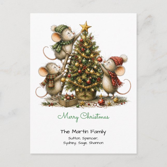 Cute Mice Decorating Tree Merry Christmas Postcard (Front)