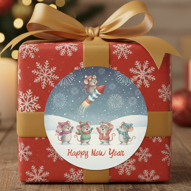 Cute Mice Happy New Year Fireworks Classic Round Sticker (Creator Uploaded)