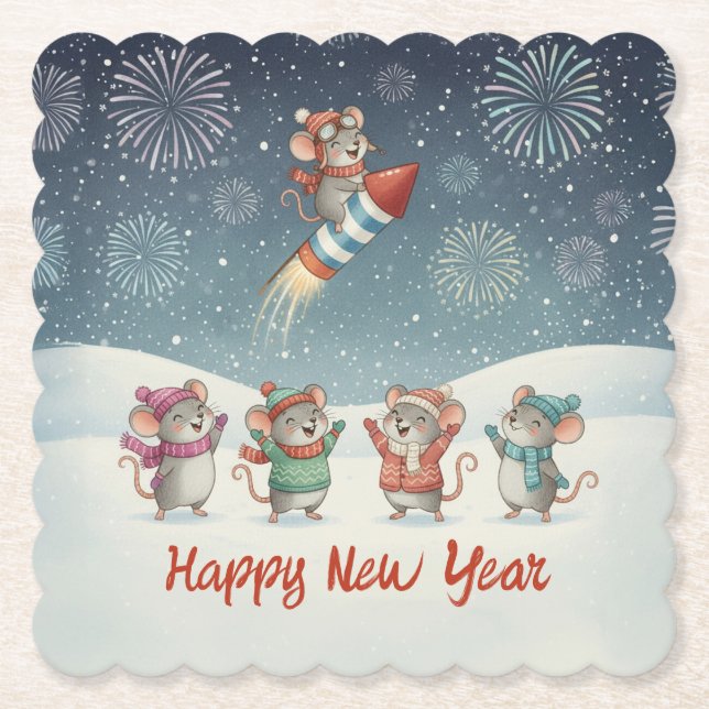 Cute Mice Happy New Year Fireworks Paper Coaster (Front)