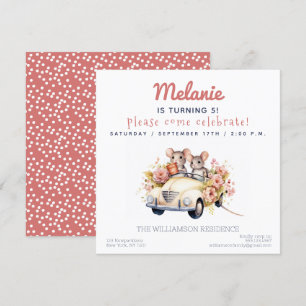 Cute Mice in a Car Kids Birthday Party Invitation