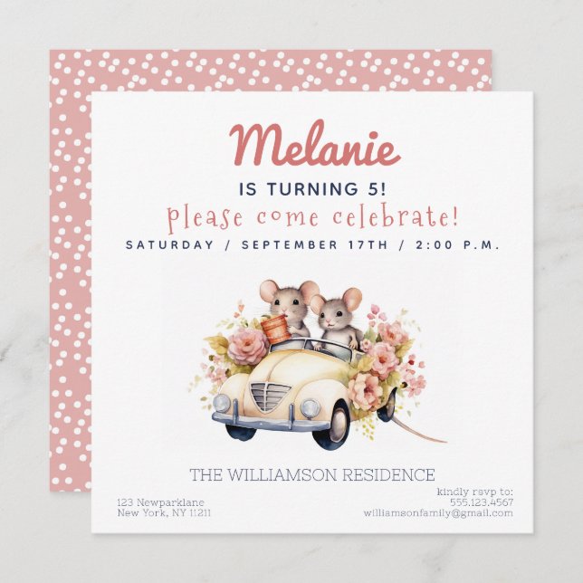 Cute Mice in a Car Kids Birthday Party Invitation (Front/Back)