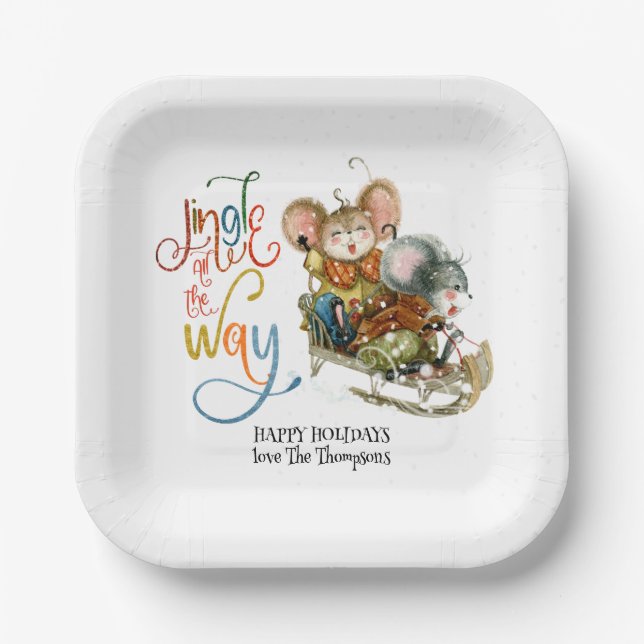 Cute Mice Sleighing Jingle All The Way Glitter Paper Plate (Front)