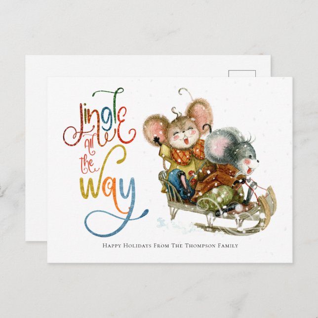 Cute Mice Sleighing Jingle All The Way Glitter Postcard (Front/Back)