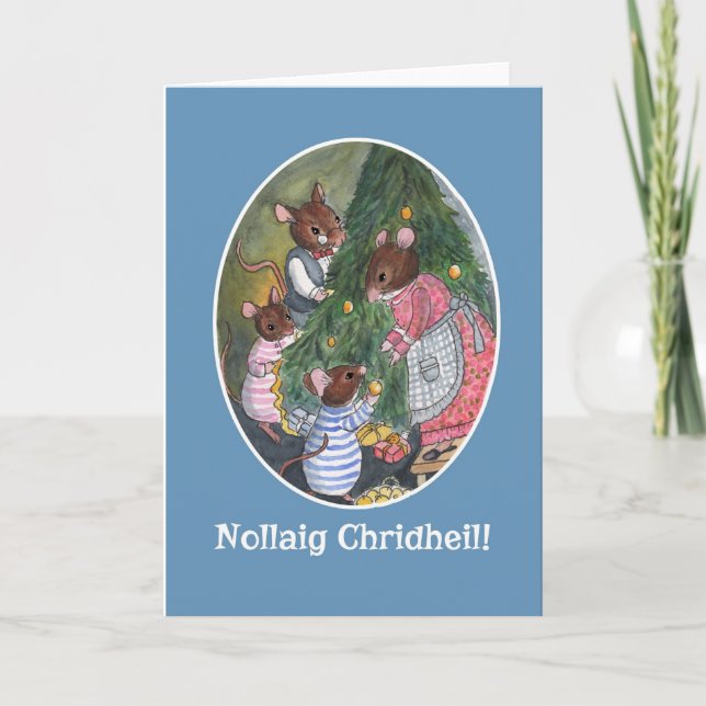 Cute Mice with Christmas Tree Scottish Gaelic Holiday Card (Front)