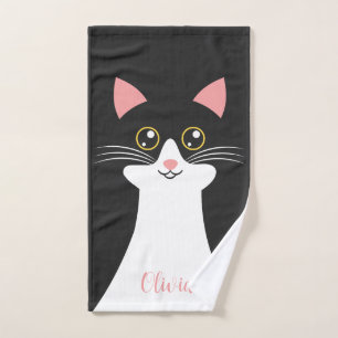 Cute Mid Century black cat portrait Bath Towel Set