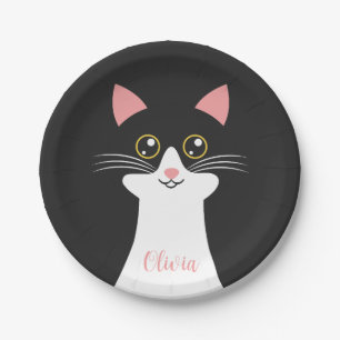 Cute Mid Century black cat portrait Paper Plate
