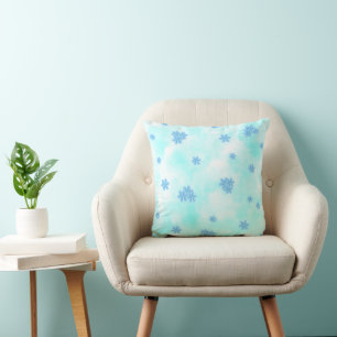 cute mid century retro blue floral pattern throw pillow