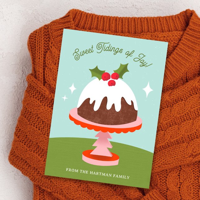 Cute Midcentury Retro Plum Pudding Cake Christmas Holiday Card (Creator Uploaded)