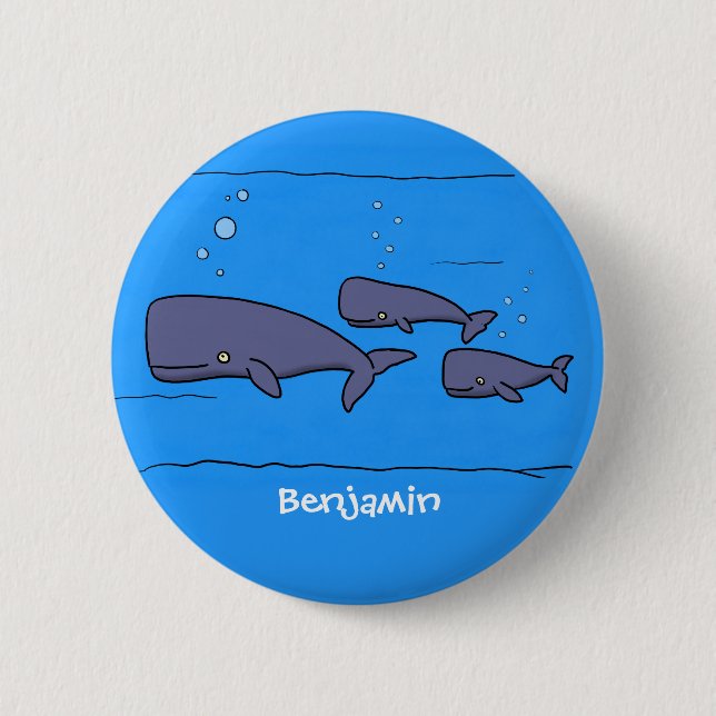 Cute migrating cartoon whales illustration 2 inch round button (Front)